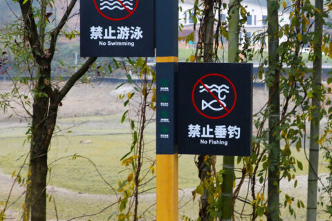 水域警示标识牌：“水深危险，禁止游泳”。
