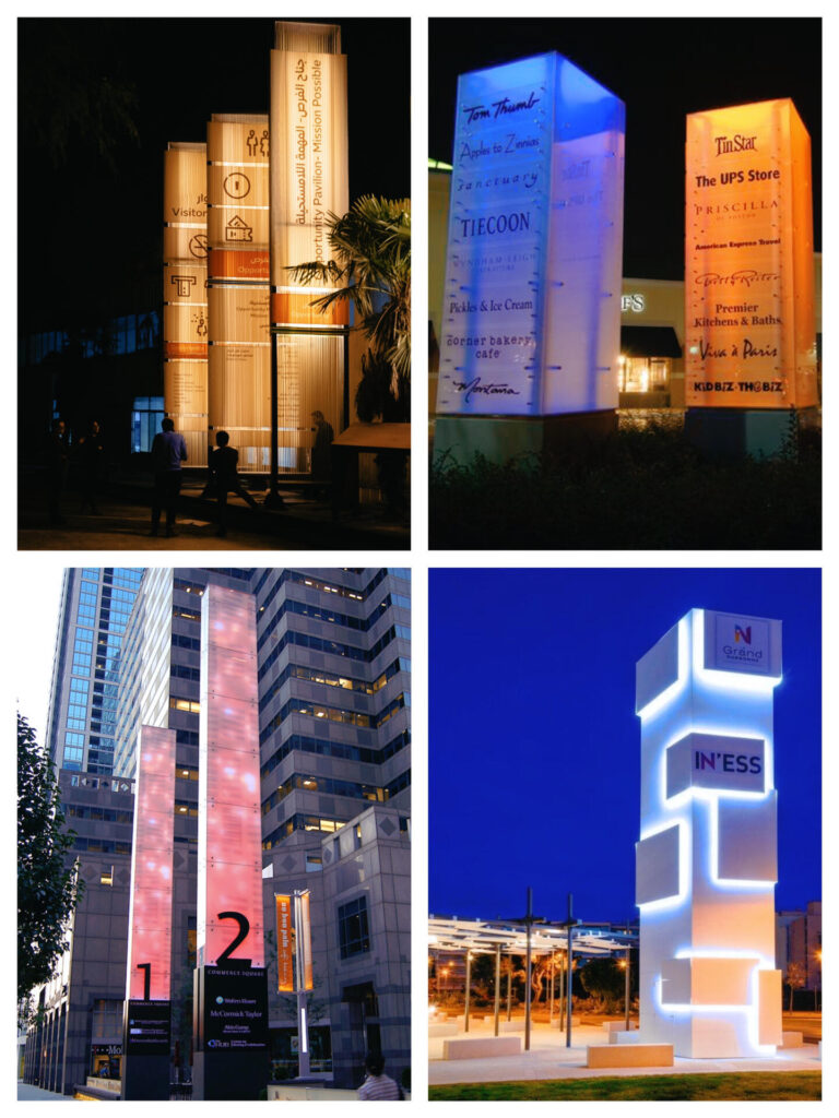 户外广告牌亮化：大型立柱广告牌的灯光装饰，使其在夜间更加显眼